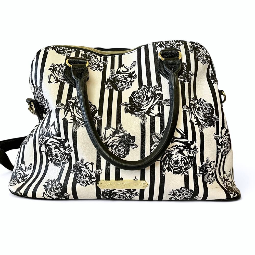 Betsey Johnson Blue Bow Faux Leather Floral Stripe Dome Satchel Bag Handbag FLAW - Picture 3 of 13